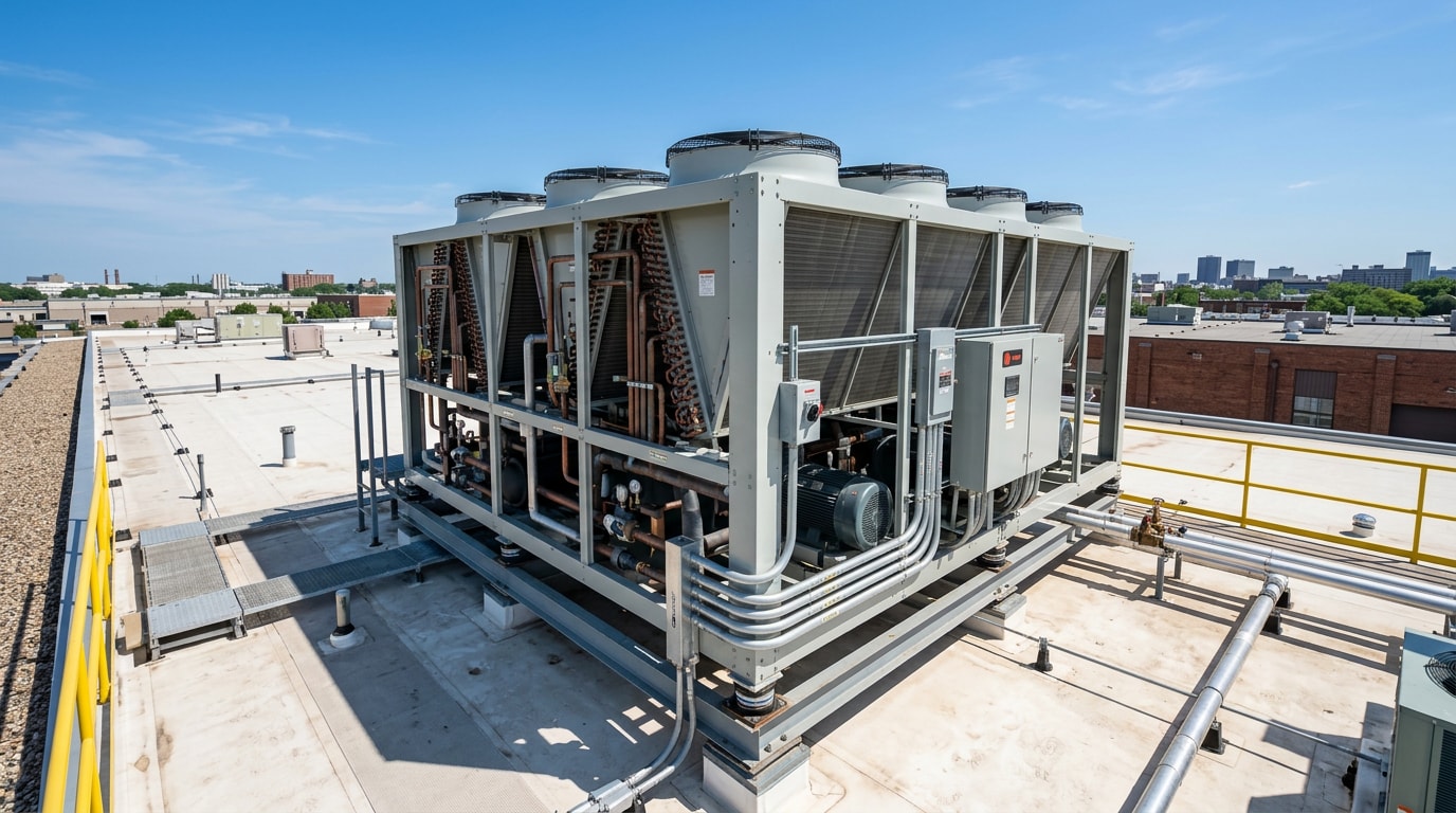 Commercial chiller HVAC unit on a facility rooftop in Newton County, GA Commercial chiller HVAC unit on a facility rooftop in Newton County, GA